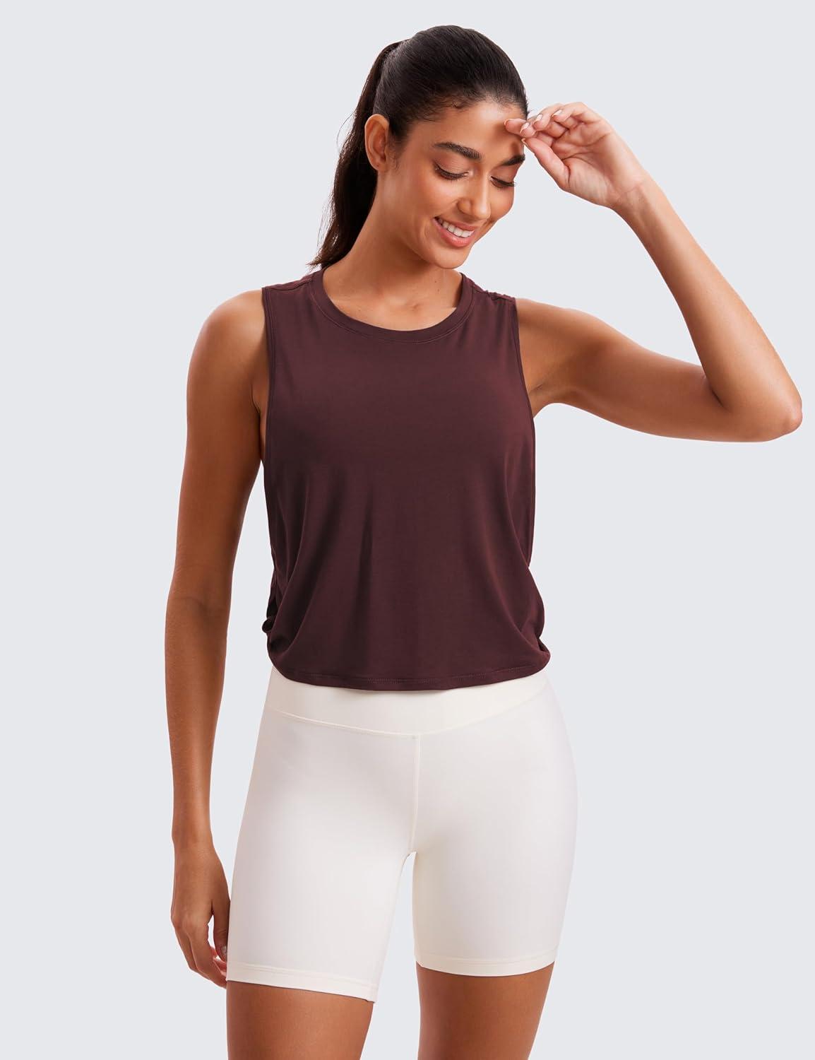 imageCRZ YOGA Pima Cotton Large Armhole Tank Tops for Women Workout Sport Athletic Yoga Running Gym Loose Crop Sleeveless ShirtsDeep Armholedark Red