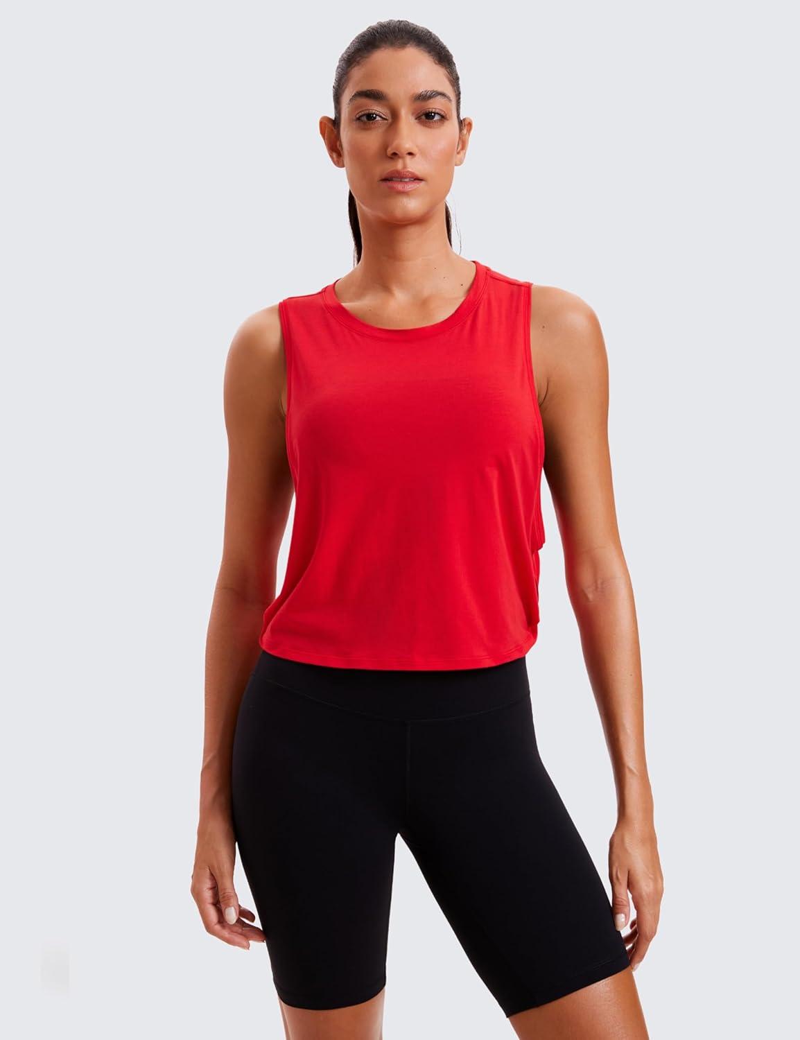 imageCRZ YOGA Pima Cotton Large Armhole Tank Tops for Women Workout Sport Athletic Yoga Running Gym Loose Crop Sleeveless ShirtsDeep Armholefestival Red