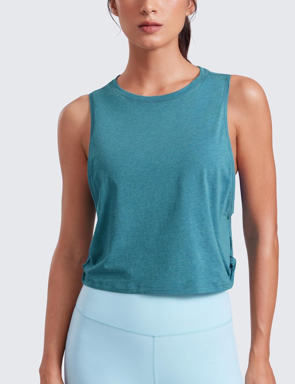 imageCRZ YOGA Pima Cotton Large Armhole Tank Tops for Women Workout Sport Athletic Yoga Running Gym Loose Crop Sleeveless ShirtsDeep Armholekingfisher Heather