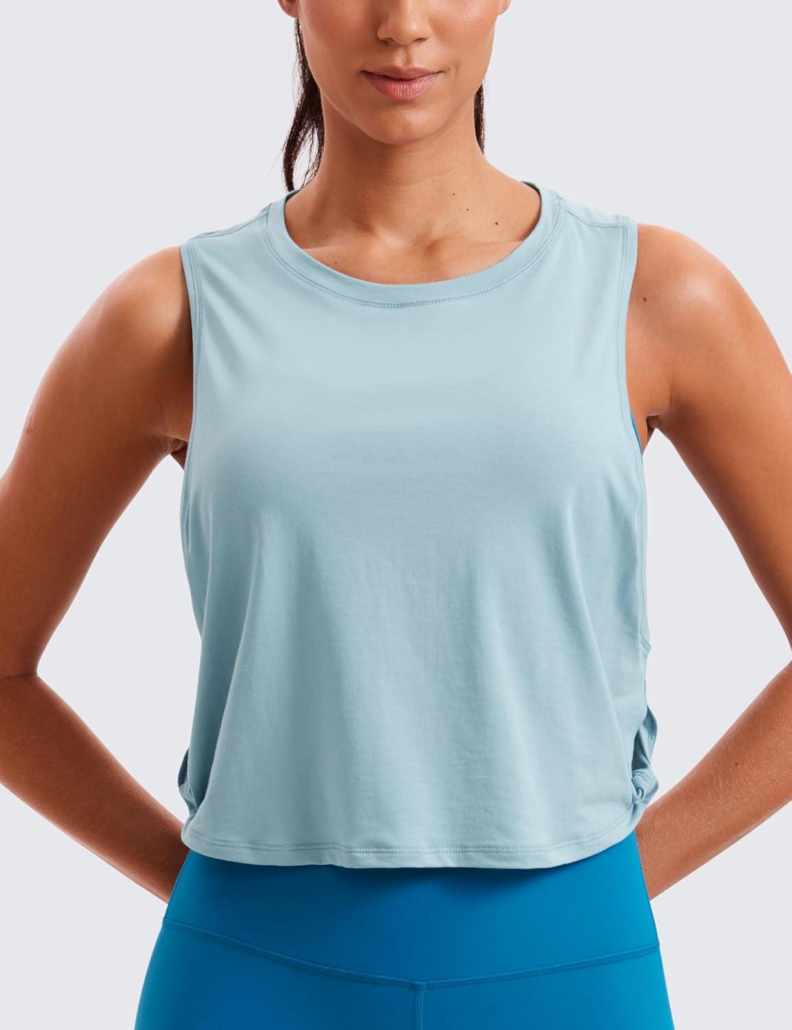 imageCRZ YOGA Pima Cotton Large Armhole Tank Tops for Women Workout Sport Athletic Yoga Running Gym Loose Crop Sleeveless ShirtsDeep Armholepure Blue