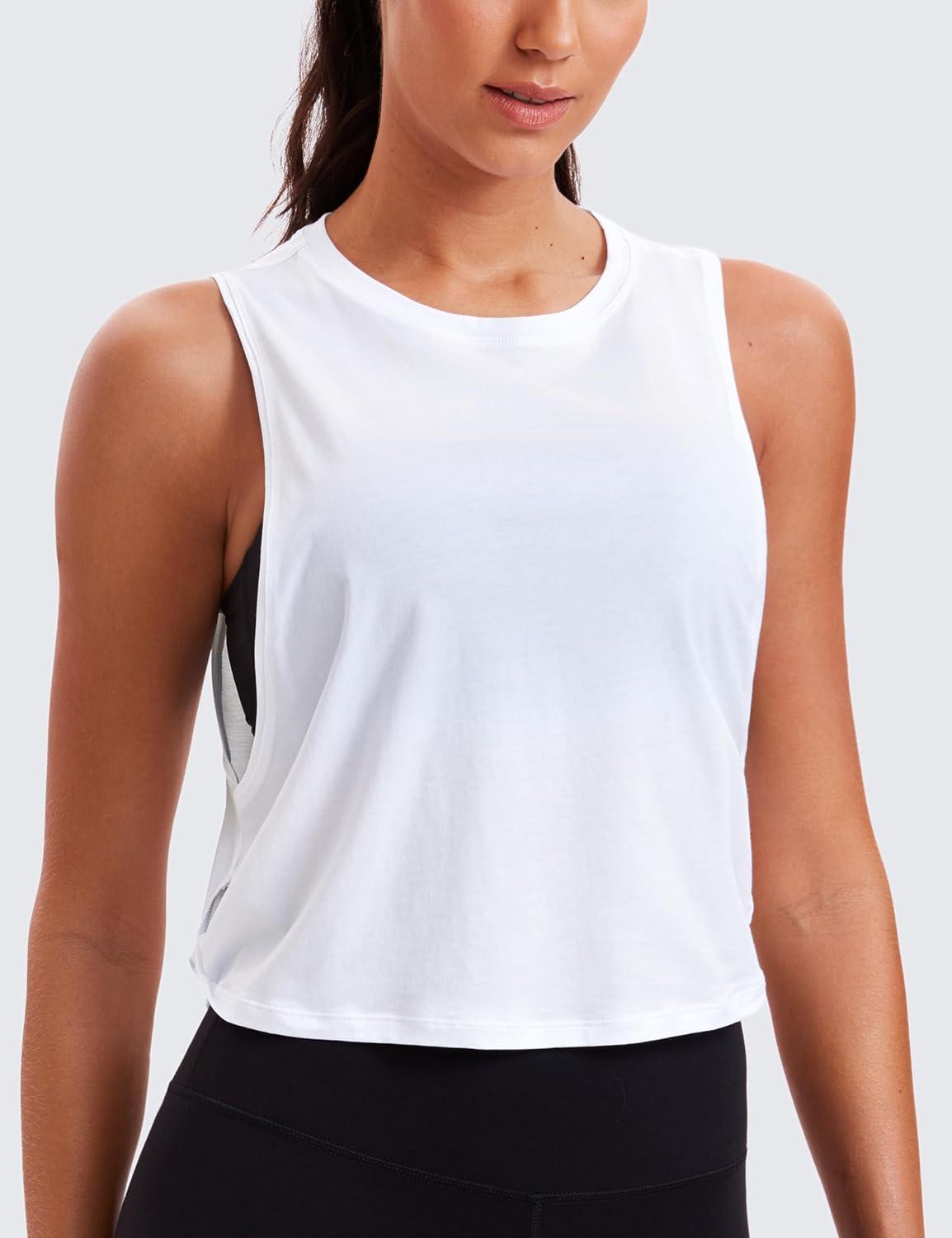 imageCRZ YOGA Pima Cotton Large Armhole Tank Tops for Women Workout Sport Athletic Yoga Running Gym Loose Crop Sleeveless ShirtsDeep Armholewhite