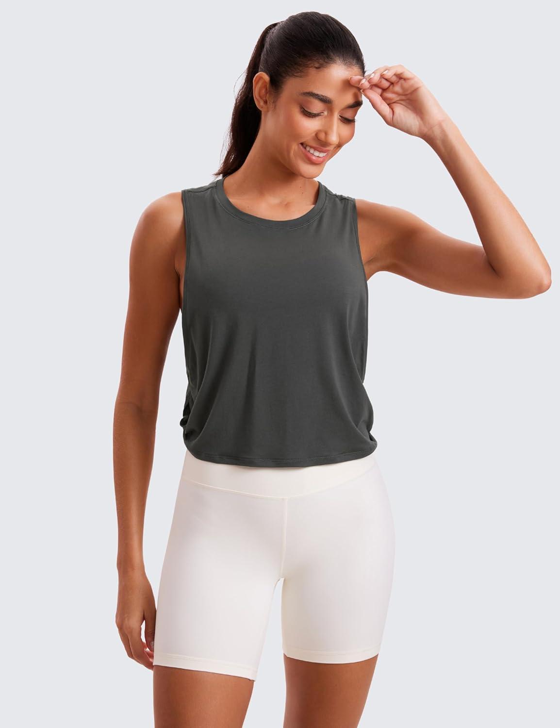 imageCRZ YOGA Pima Cotton Large Armhole Tank Tops for Women Workout Sport Athletic Yoga Running Gym Loose Crop Sleeveless ShirtsGrey Olive