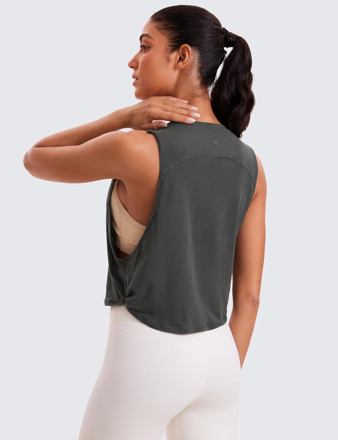 imageCRZ YOGA Pima Cotton Large Armhole Tank Tops for Women Workout Sport Athletic Yoga Running Gym Loose Crop Sleeveless ShirtsGrey Olive