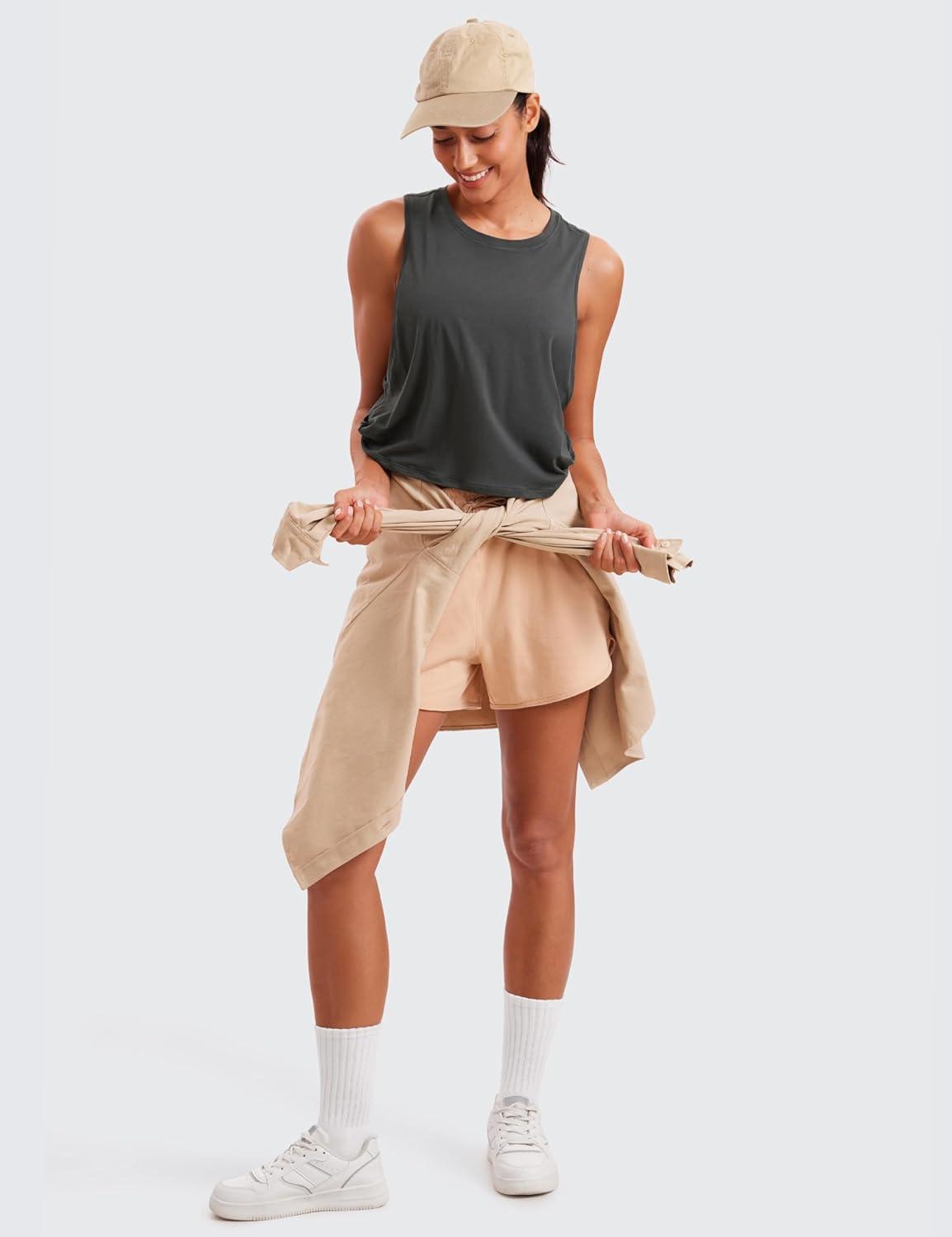 imageCRZ YOGA Pima Cotton Large Armhole Tank Tops for Women Workout Sport Athletic Yoga Running Gym Loose Crop Sleeveless ShirtsGrey Olive