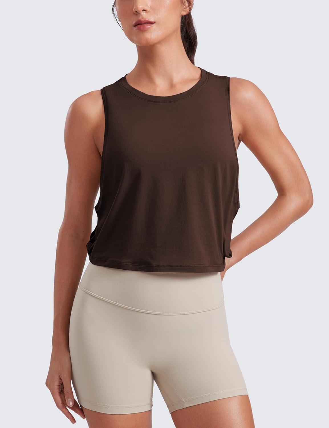 imageCRZ YOGA Pima Cotton Large Armhole Tank Tops for Women Workout Sport Athletic Yoga Running Gym Loose Crop Sleeveless ShirtsHot Fudge Brown