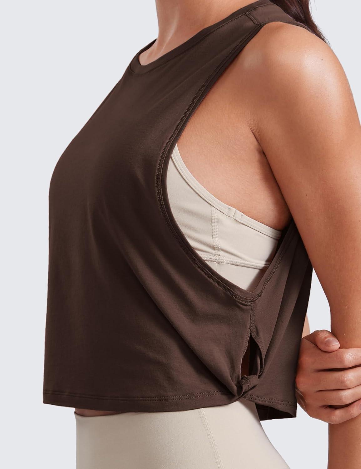 imageCRZ YOGA Pima Cotton Large Armhole Tank Tops for Women Workout Sport Athletic Yoga Running Gym Loose Crop Sleeveless ShirtsHot Fudge Brown