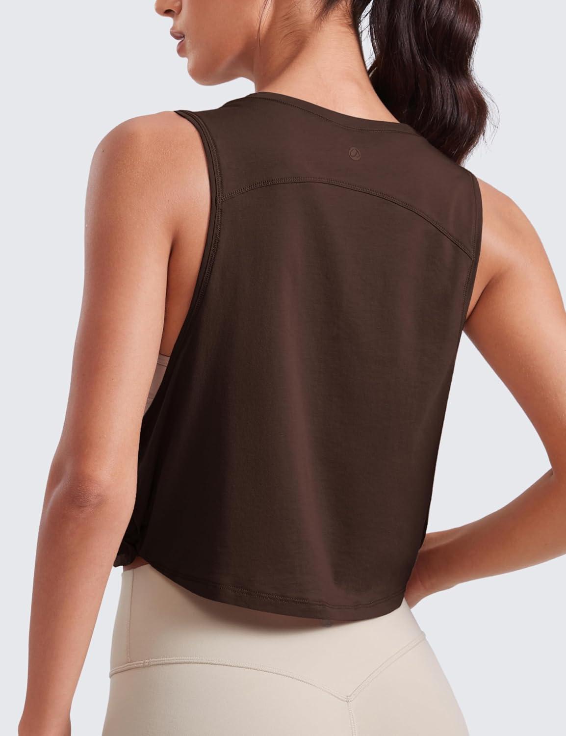 imageCRZ YOGA Pima Cotton Large Armhole Tank Tops for Women Workout Sport Athletic Yoga Running Gym Loose Crop Sleeveless ShirtsHot Fudge Brown