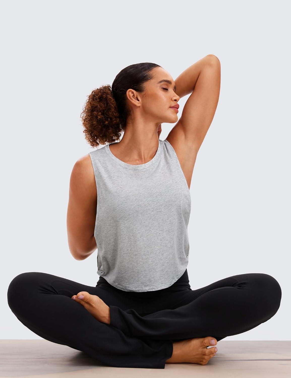 imageCRZ YOGA Pima Cotton Large Armhole Tank Tops for Women Workout Sport Athletic Yoga Running Gym Loose Crop Sleeveless ShirtsLight Grey Heather