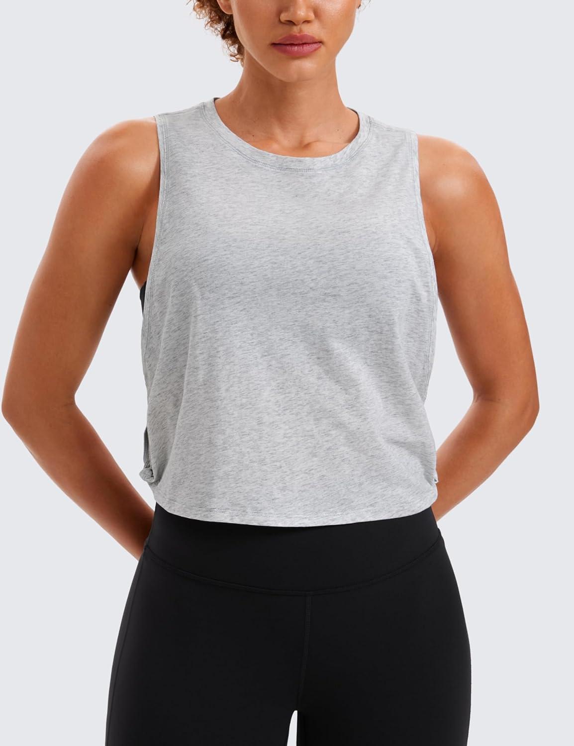 imageCRZ YOGA Pima Cotton Large Armhole Tank Tops for Women Workout Sport Athletic Yoga Running Gym Loose Crop Sleeveless ShirtsLight Grey Heather