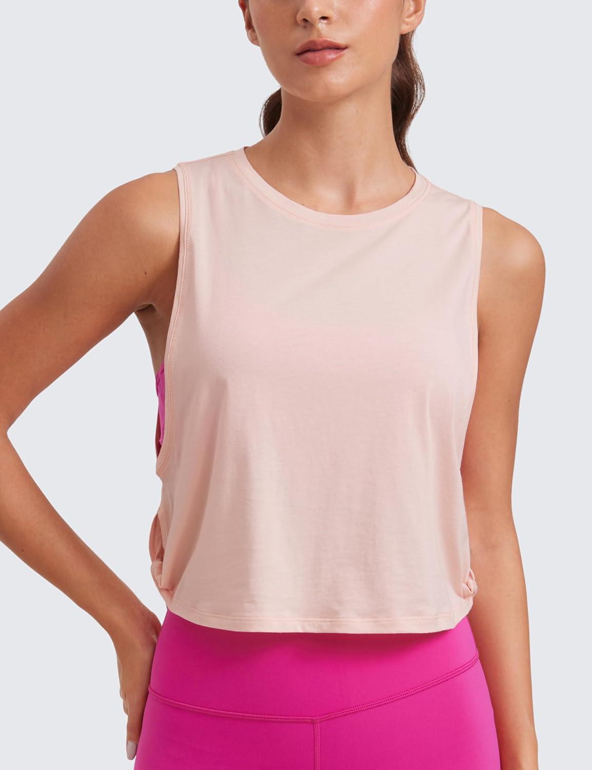 imageCRZ YOGA Pima Cotton Large Armhole Tank Tops for Women Workout Sport Athletic Yoga Running Gym Loose Crop Sleeveless ShirtsMarshmallow Pink