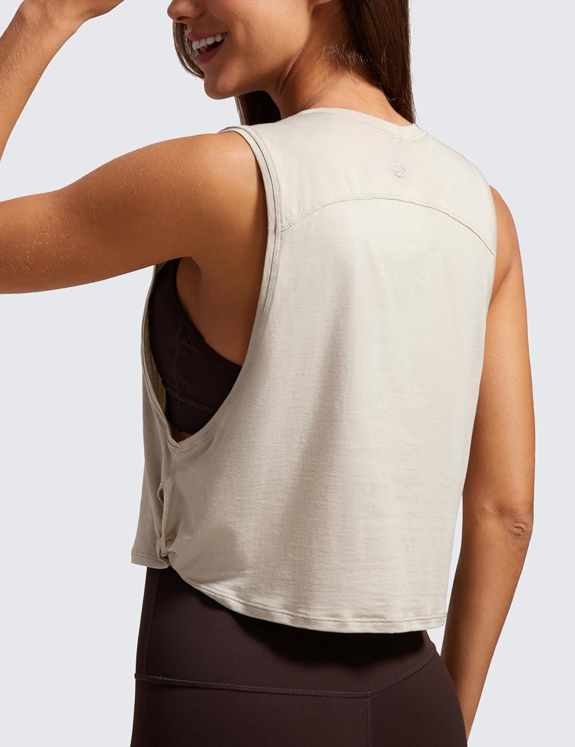 imageCRZ YOGA Pima Cotton Large Armhole Tank Tops for Women Workout Sport Athletic Yoga Running Gym Loose Crop Sleeveless ShirtsMojave Tan