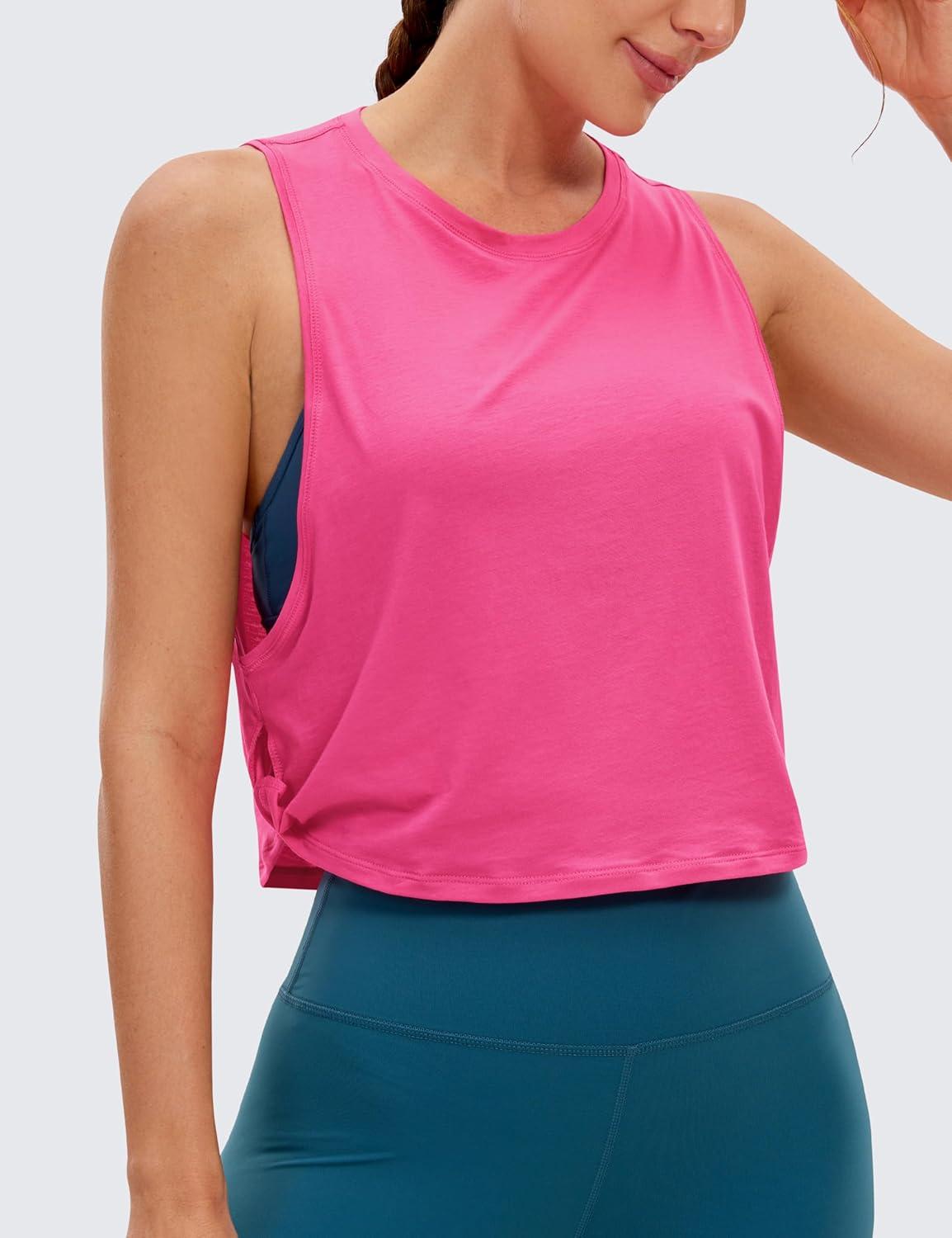 imageCRZ YOGA Pima Cotton Large Armhole Tank Tops for Women Workout Sport Athletic Yoga Running Gym Loose Crop Sleeveless ShirtsSonic Pink