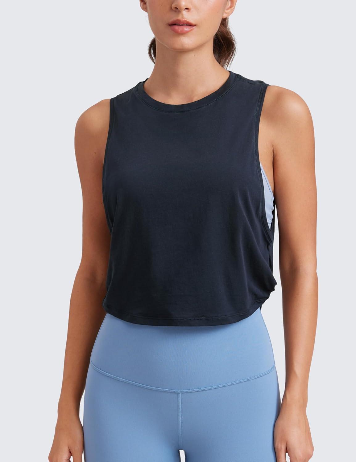 imageCRZ YOGA Pima Cotton Large Armhole Tank Tops for Women Workout Sport Athletic Yoga Running Gym Loose Crop Sleeveless ShirtsTrue Navy