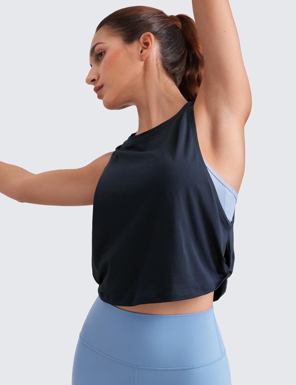 imageCRZ YOGA Pima Cotton Large Armhole Tank Tops for Women Workout Sport Athletic Yoga Running Gym Loose Crop Sleeveless ShirtsTrue Navy