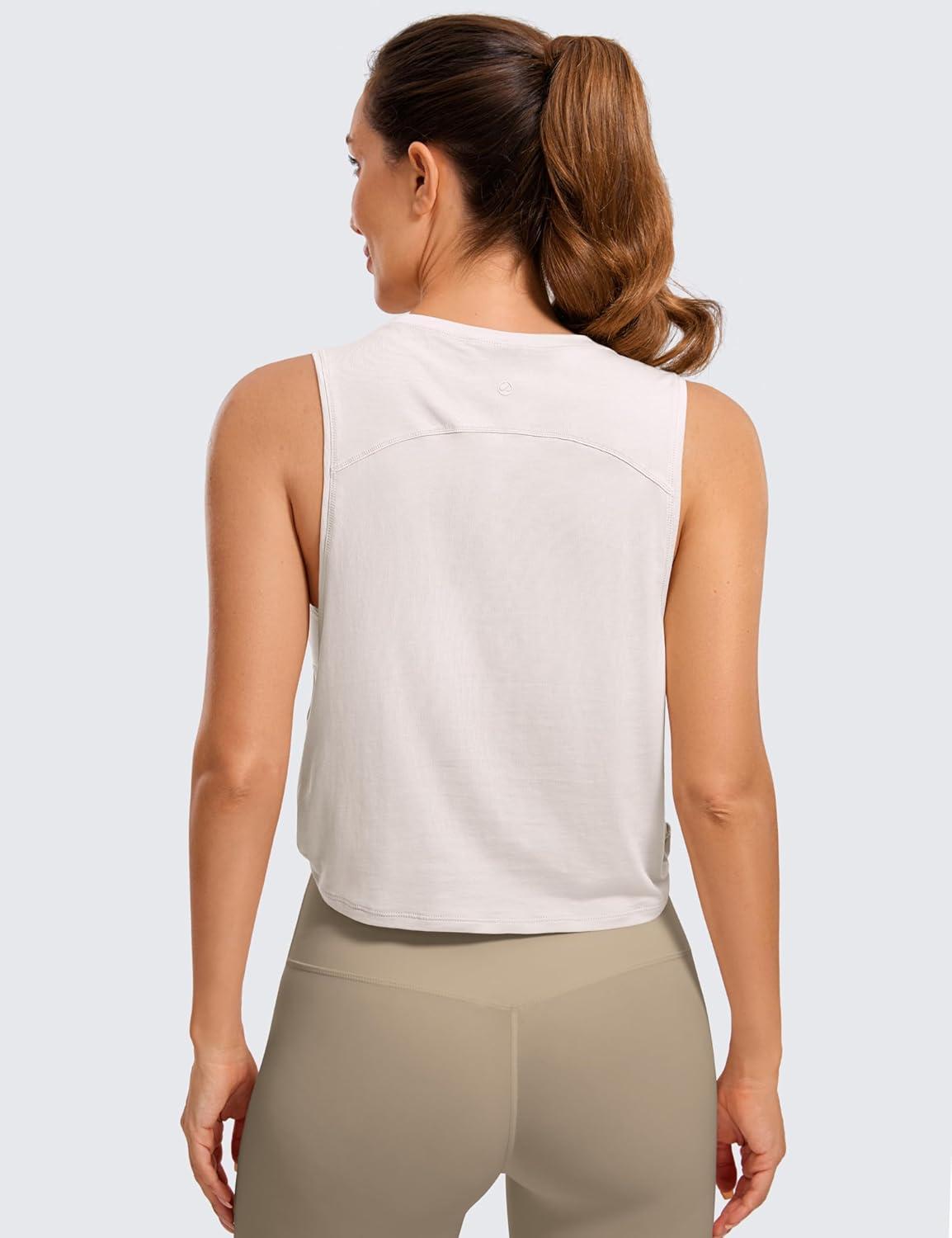imageCRZ YOGA Pima Cotton Large Armhole Tank Tops for Women Workout Sport Athletic Yoga Running Gym Loose Crop Sleeveless ShirtsWhite Apricot