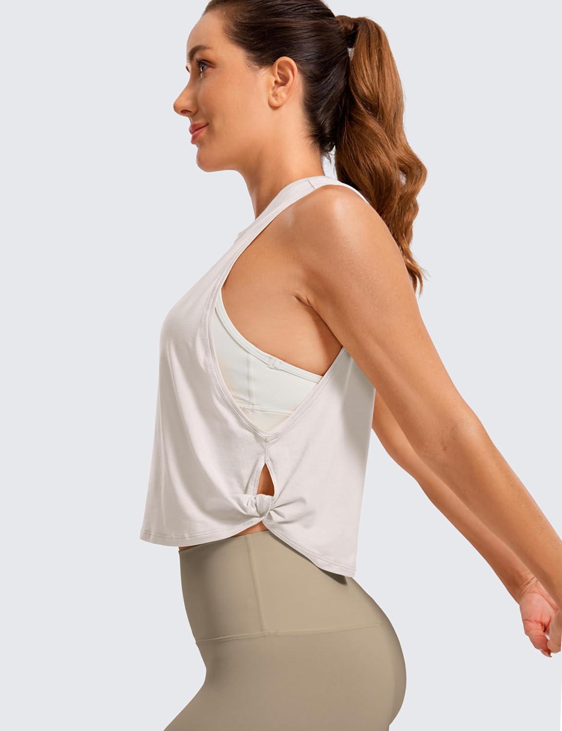 imageCRZ YOGA Pima Cotton Large Armhole Tank Tops for Women Workout Sport Athletic Yoga Running Gym Loose Crop Sleeveless ShirtsWhite Apricot