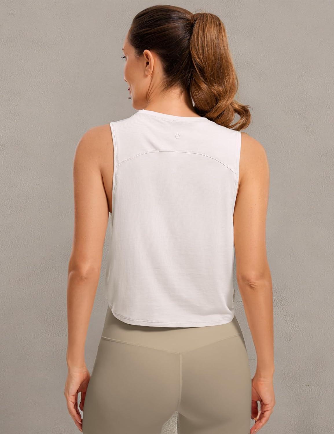 imageCRZ YOGA Pima Cotton Large Armhole Tank Tops for Women Workout Sport Athletic Yoga Running Gym Loose Crop Sleeveless ShirtsWhite Apricot