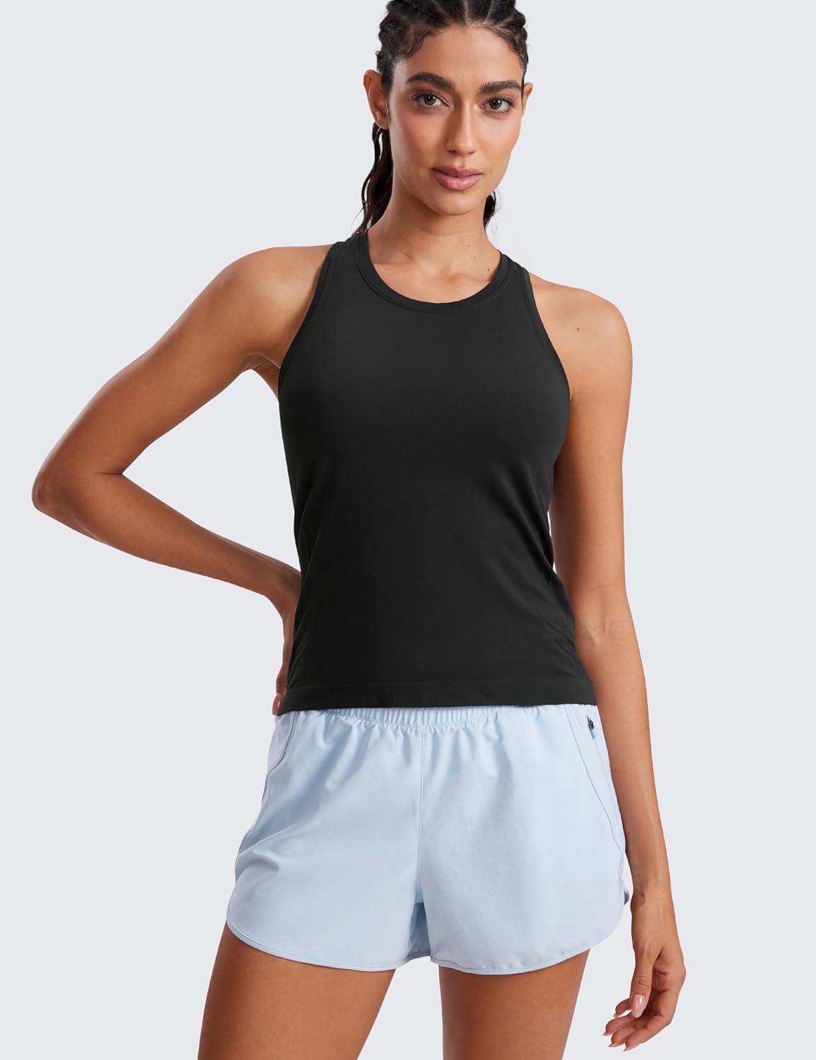 imageCRZ YOGA Seamless Crewneck Tank Tops for Women Workout Athletic Running Gym Sleeveless Shirts Racerback Breathable TeeBlack