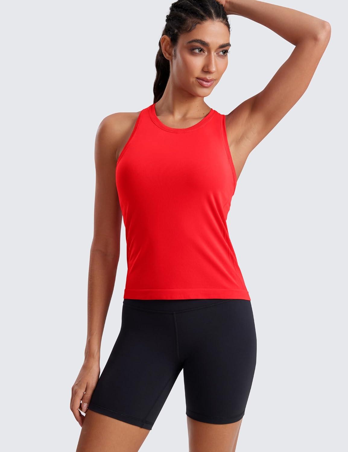 imageCRZ YOGA Seamless Crewneck Tank Tops for Women Workout Athletic Running Gym Sleeveless Shirts Racerback Breathable TeeDeep Red
