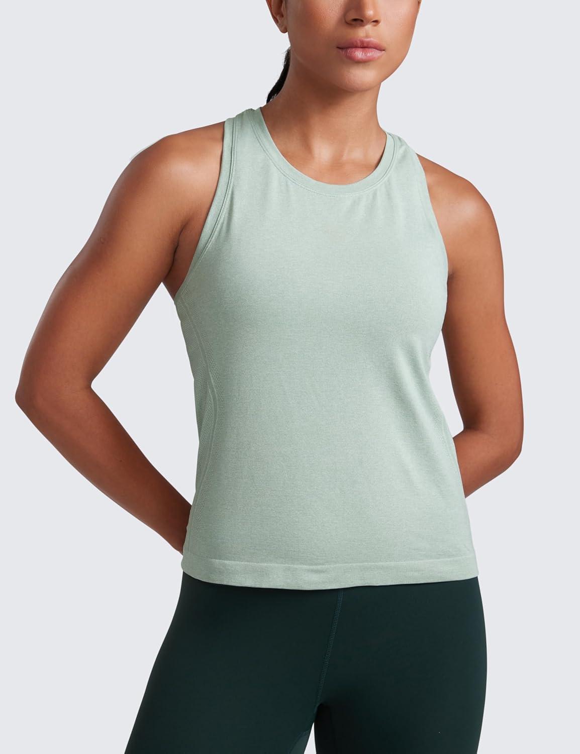 imageCRZ YOGA Seamless Crewneck Tank Tops for Women Workout Athletic Running Gym Sleeveless Shirts Racerback Breathable TeeGreen Palm Court Heather