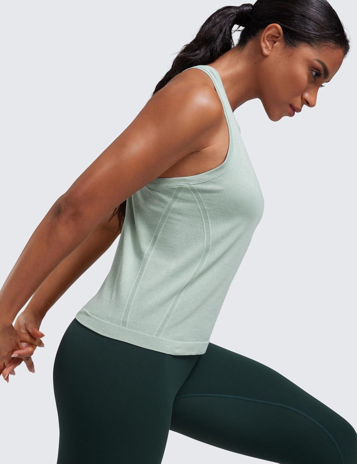 imageCRZ YOGA Seamless Crewneck Tank Tops for Women Workout Athletic Running Gym Sleeveless Shirts Racerback Breathable TeeGreen Palm Court Heather