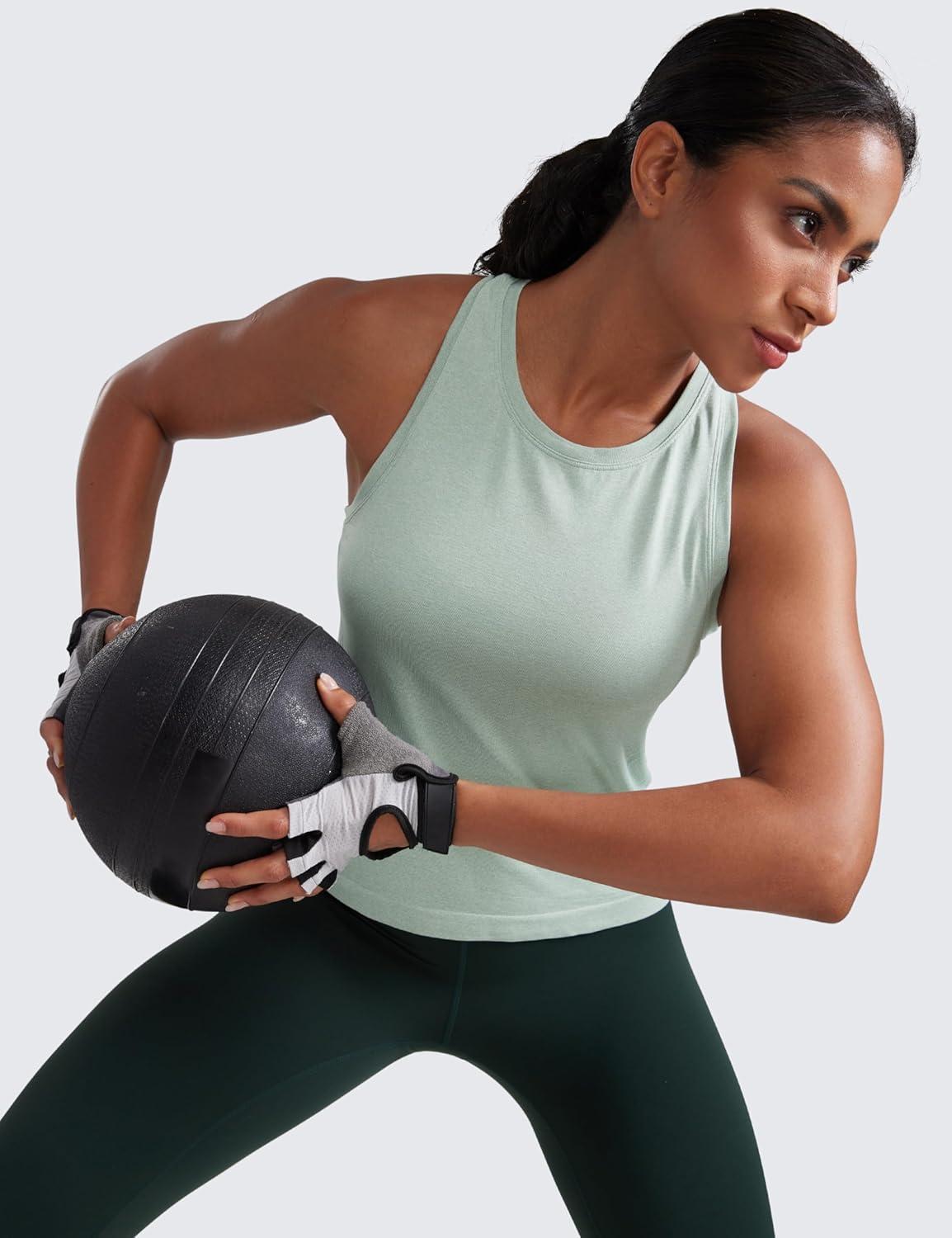 imageCRZ YOGA Seamless Crewneck Tank Tops for Women Workout Athletic Running Gym Sleeveless Shirts Racerback Breathable TeeGreen Palm Court Heather