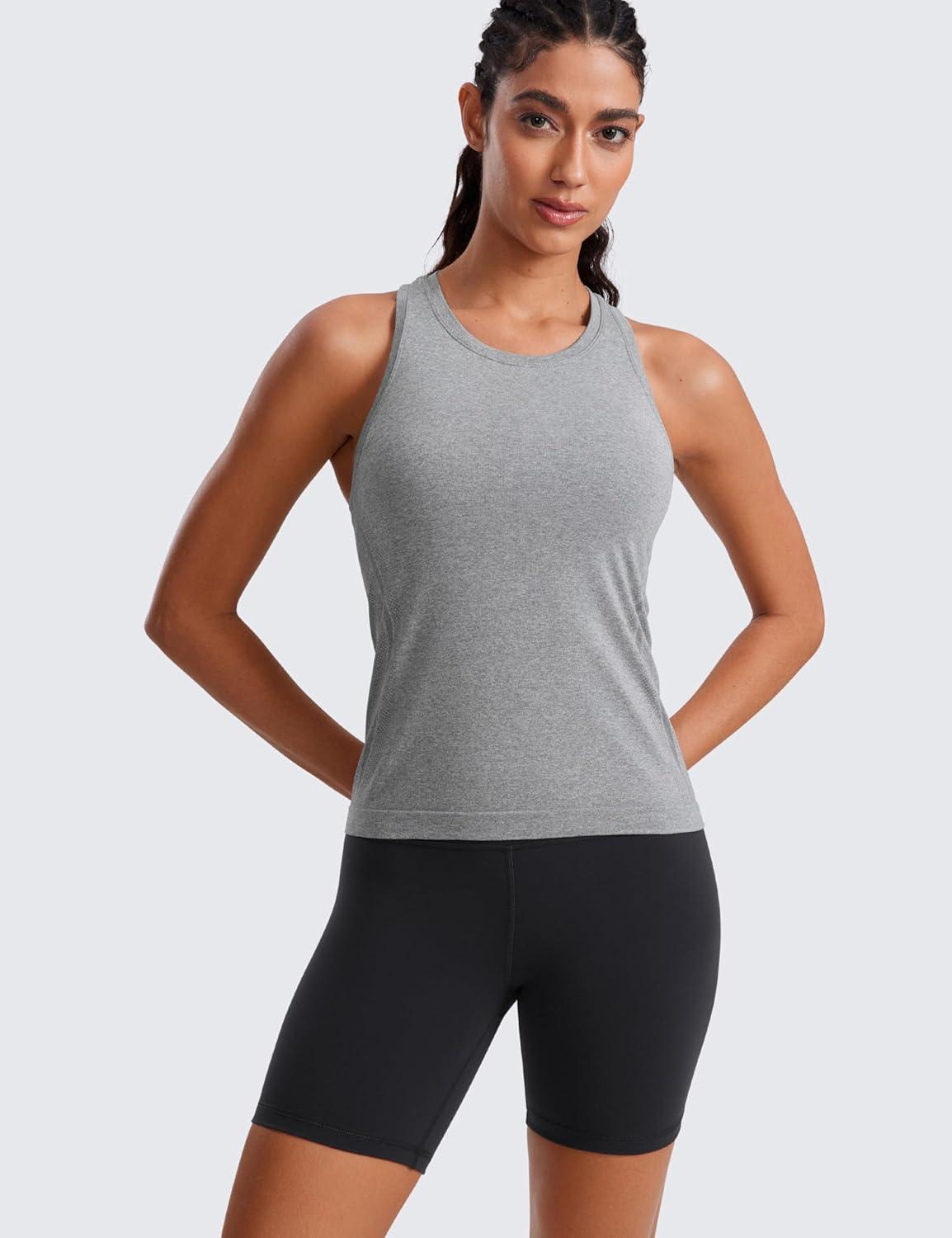 imageCRZ YOGA Seamless Crewneck Tank Tops for Women Workout Athletic Running Gym Sleeveless Shirts Racerback Breathable TeeSlate Grey Marl