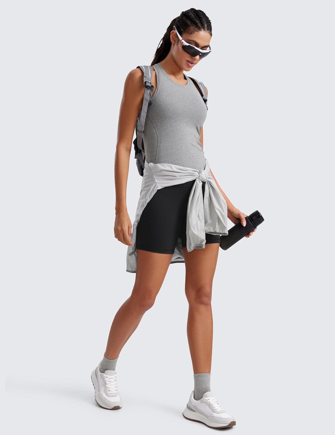 imageCRZ YOGA Seamless Crewneck Tank Tops for Women Workout Athletic Running Gym Sleeveless Shirts Racerback Breathable TeeSlate Grey Marl