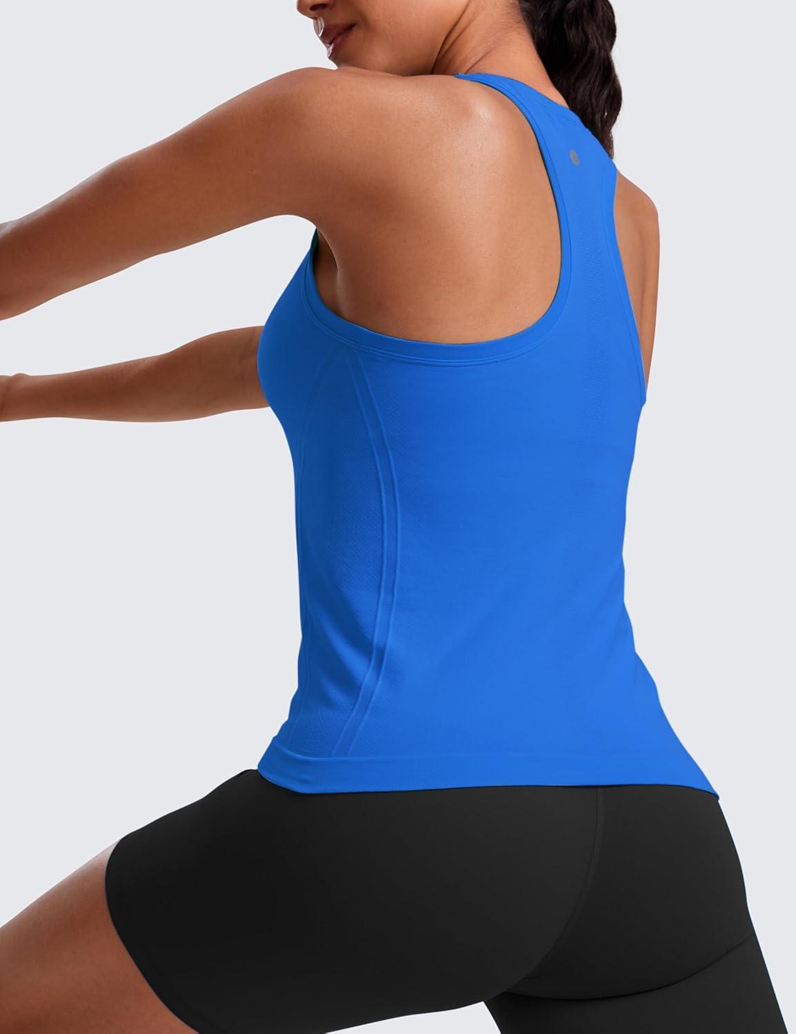 imageCRZ YOGA Seamless Crewneck Tank Tops for Women Workout Athletic Running Gym Sleeveless Shirts Racerback Breathable TeeSparkle Blue