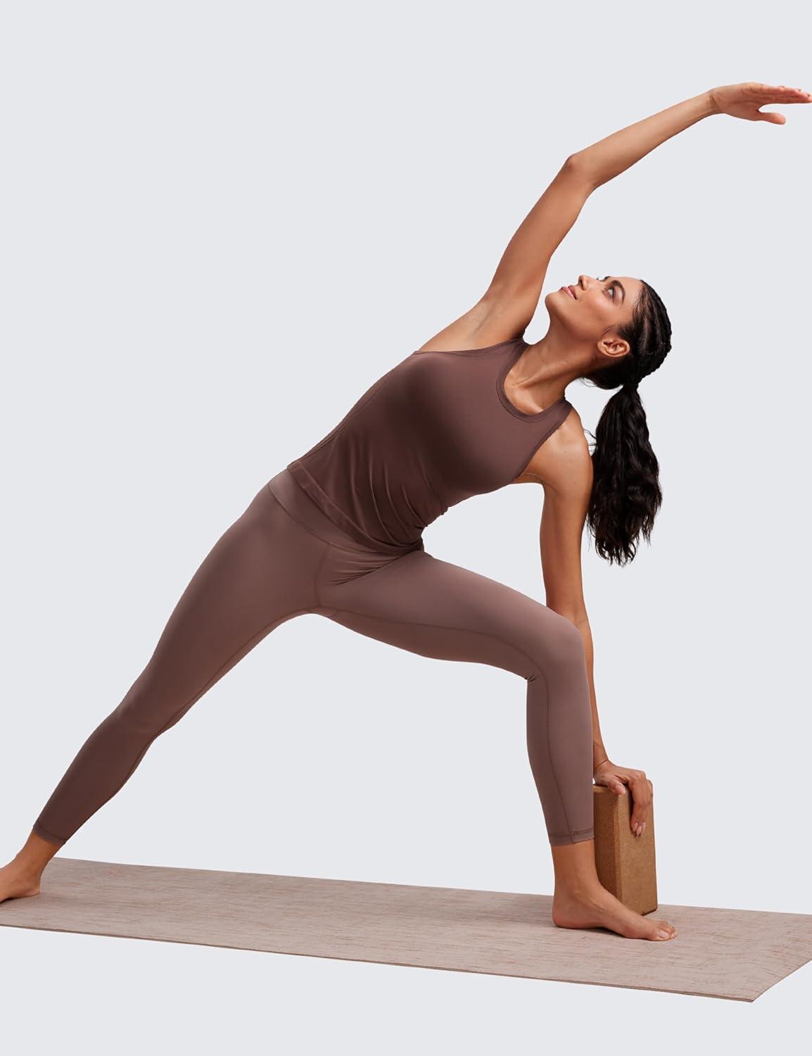 imageCRZ YOGA Seamless Crewneck Tank Tops for Women Workout Athletic Running Gym Sleeveless Shirts Racerback Breathable TeeTaupe
