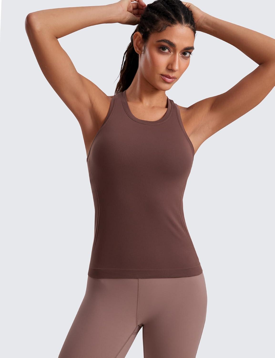 imageCRZ YOGA Seamless Crewneck Tank Tops for Women Workout Athletic Running Gym Sleeveless Shirts Racerback Breathable TeeTaupe