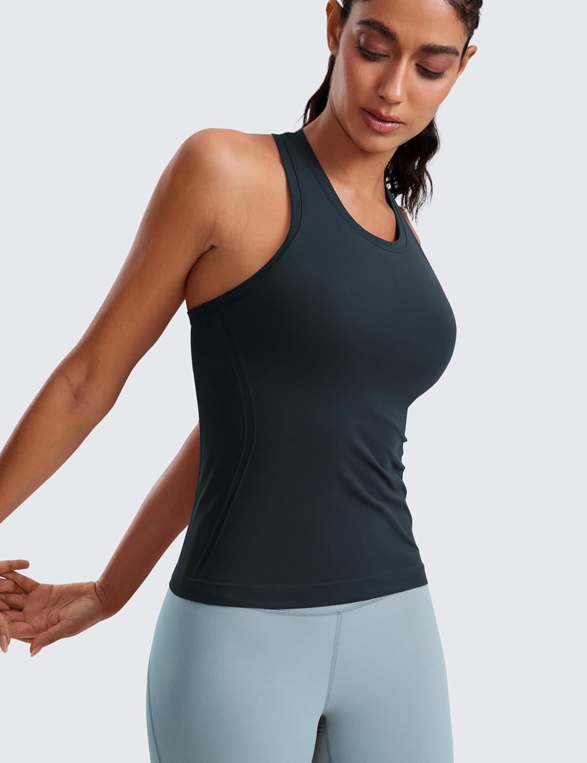 imageCRZ YOGA Seamless Crewneck Tank Tops for Women Workout Athletic Running Gym Sleeveless Shirts Racerback Breathable TeeTrue Navy