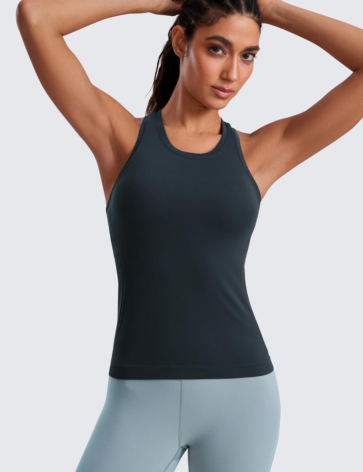imageCRZ YOGA Seamless Crewneck Tank Tops for Women Workout Athletic Running Gym Sleeveless Shirts Racerback Breathable TeeTrue Navy