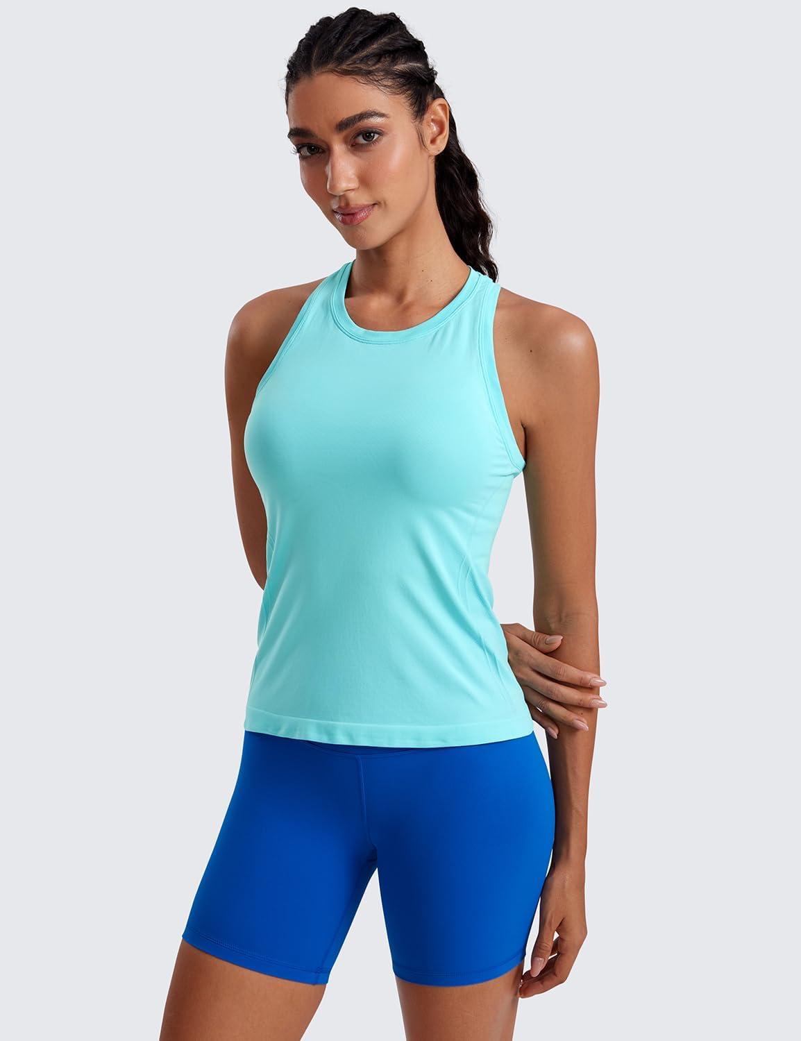 imageCRZ YOGA Seamless Crewneck Tank Tops for Women Workout Athletic Running Gym Sleeveless Shirts Racerback Breathable TeeTurquoise