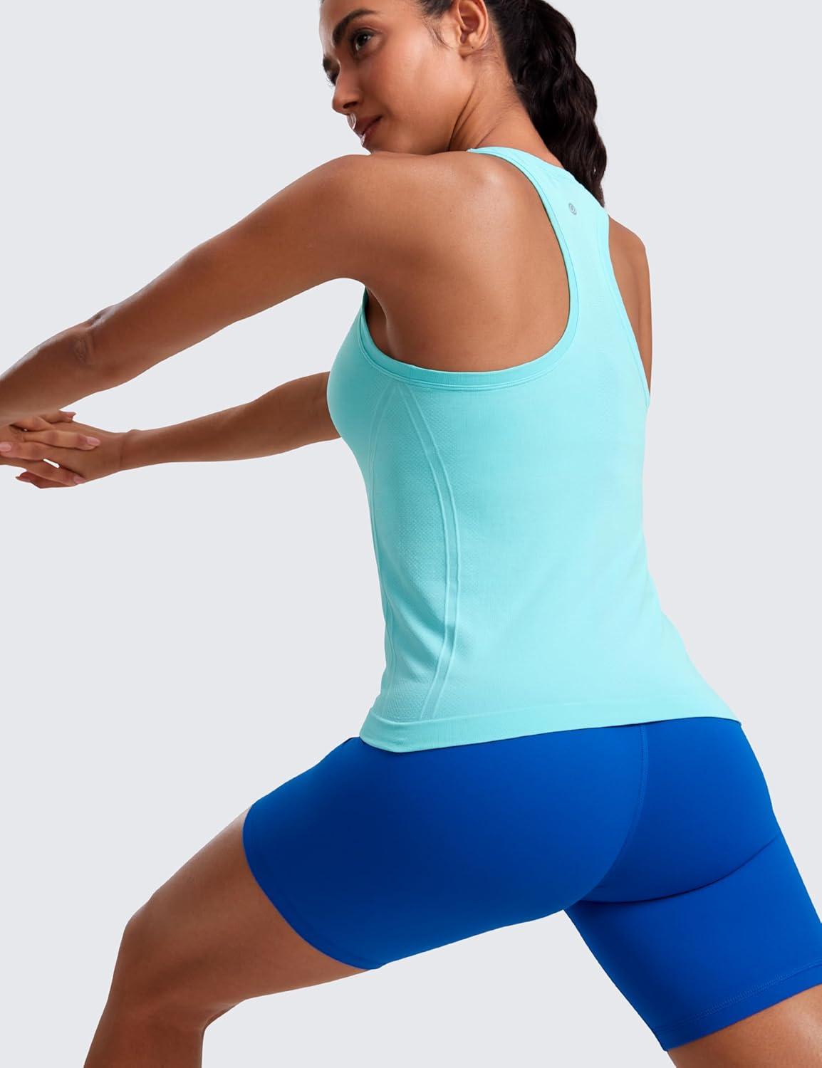 imageCRZ YOGA Seamless Crewneck Tank Tops for Women Workout Athletic Running Gym Sleeveless Shirts Racerback Breathable TeeTurquoise