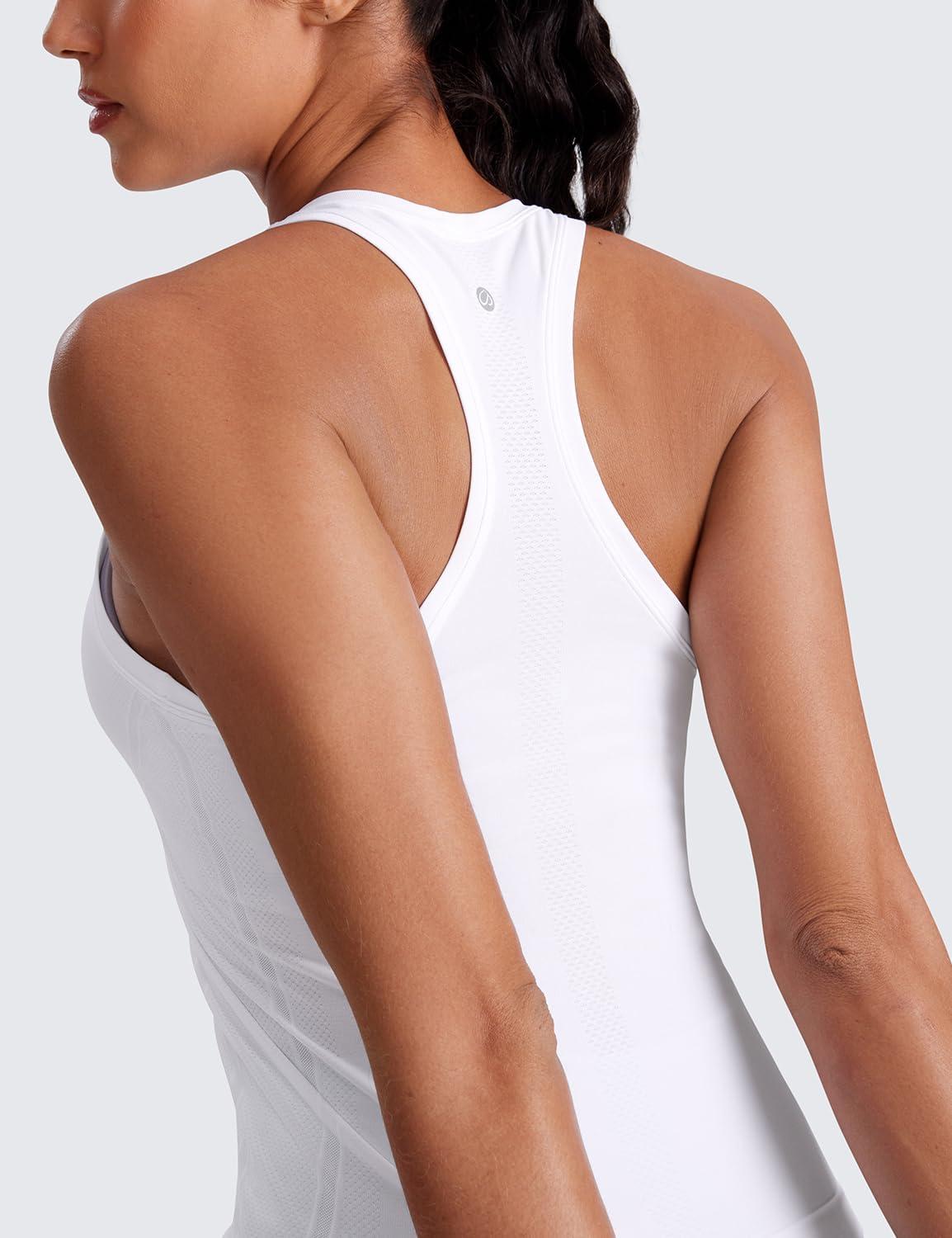 imageCRZ YOGA Seamless Crewneck Tank Tops for Women Workout Athletic Running Gym Sleeveless Shirts Racerback Breathable TeeWhite