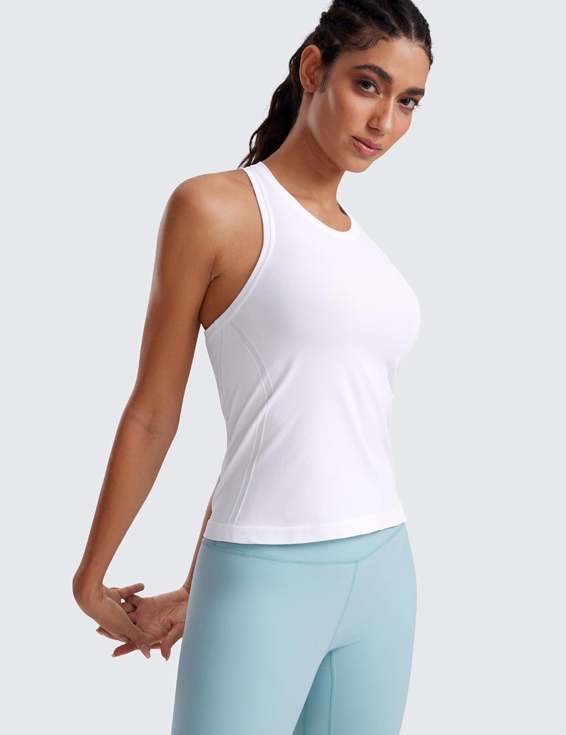 imageCRZ YOGA Seamless Crewneck Tank Tops for Women Workout Athletic Running Gym Sleeveless Shirts Racerback Breathable TeeWhite