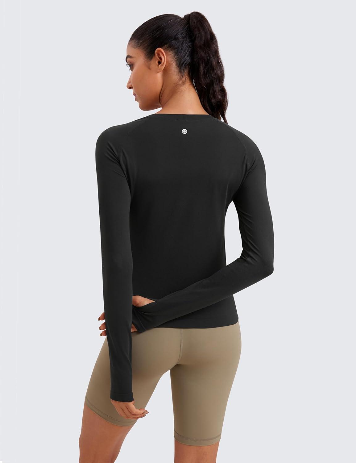 imageCRZ YOGA Seamless Long Sleeve Shirts for Women Waist Workout Athletic Running Gym Yoga Tops Crewneck Breathable Quick DryBlack
