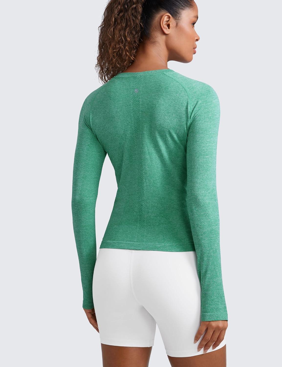 imageCRZ YOGA Seamless Long Sleeve Shirts for Women Waist Workout Athletic Running Gym Yoga Tops Crewneck Breathable Quick DryCascadia Green Heather