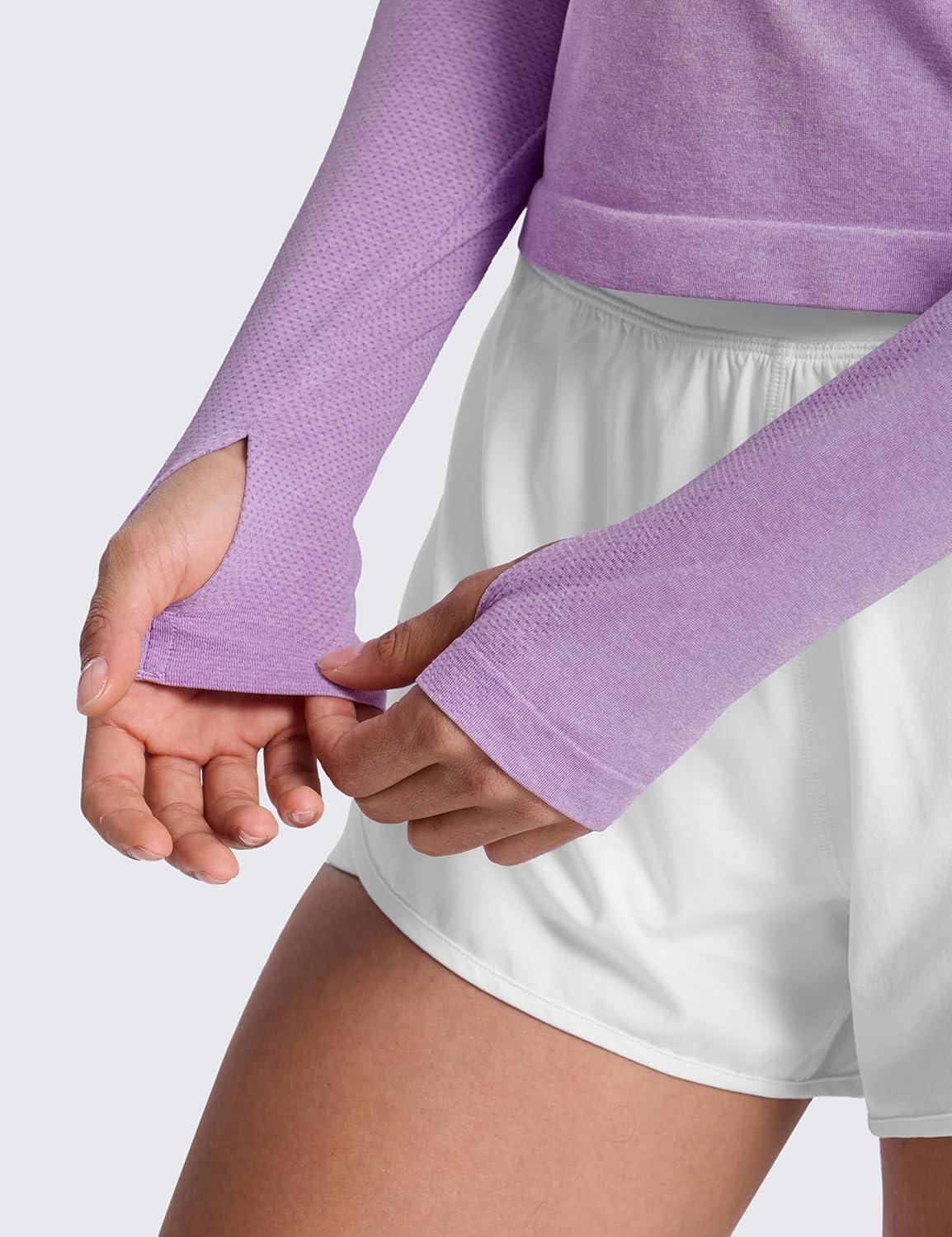 imageCRZ YOGA Seamless Long Sleeve Shirts for Women Waist Workout Athletic Running Gym Yoga Tops Crewneck Breathable Quick DryElfin Purple Heather
