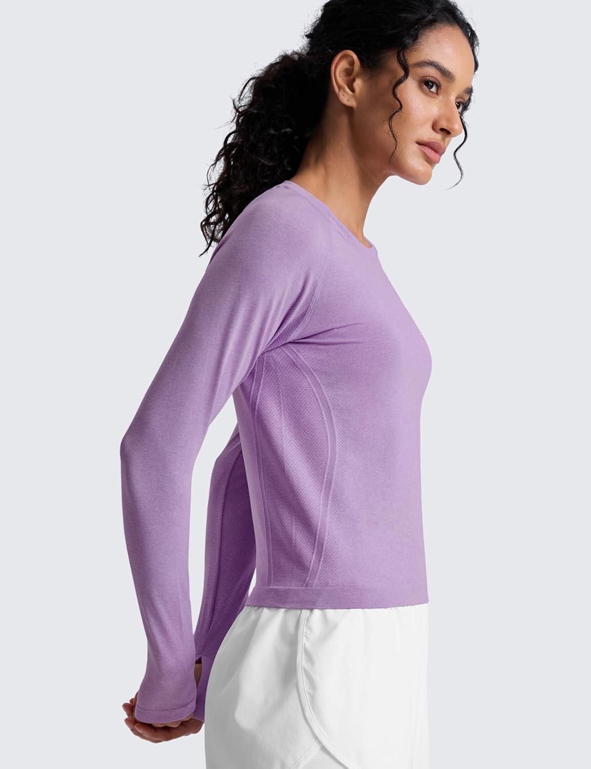imageCRZ YOGA Seamless Long Sleeve Shirts for Women Waist Workout Athletic Running Gym Yoga Tops Crewneck Breathable Quick DryElfin Purple Heather