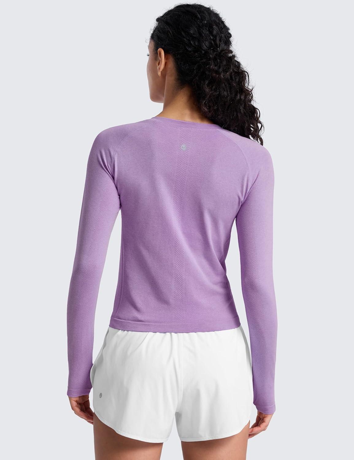 imageCRZ YOGA Seamless Long Sleeve Shirts for Women Waist Workout Athletic Running Gym Yoga Tops Crewneck Breathable Quick DryElfin Purple Heather