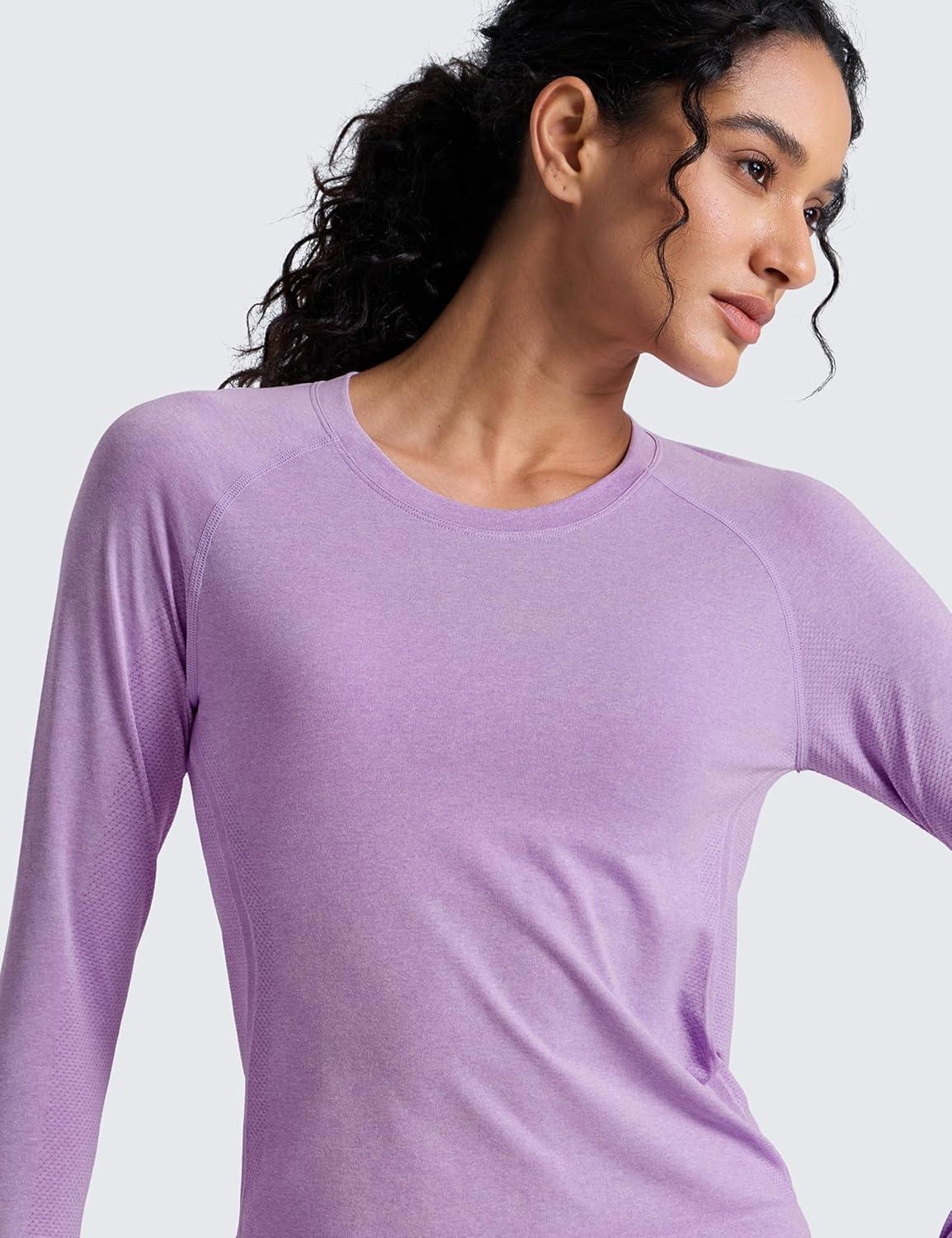 imageCRZ YOGA Seamless Long Sleeve Shirts for Women Waist Workout Athletic Running Gym Yoga Tops Crewneck Breathable Quick DryElfin Purple Heather