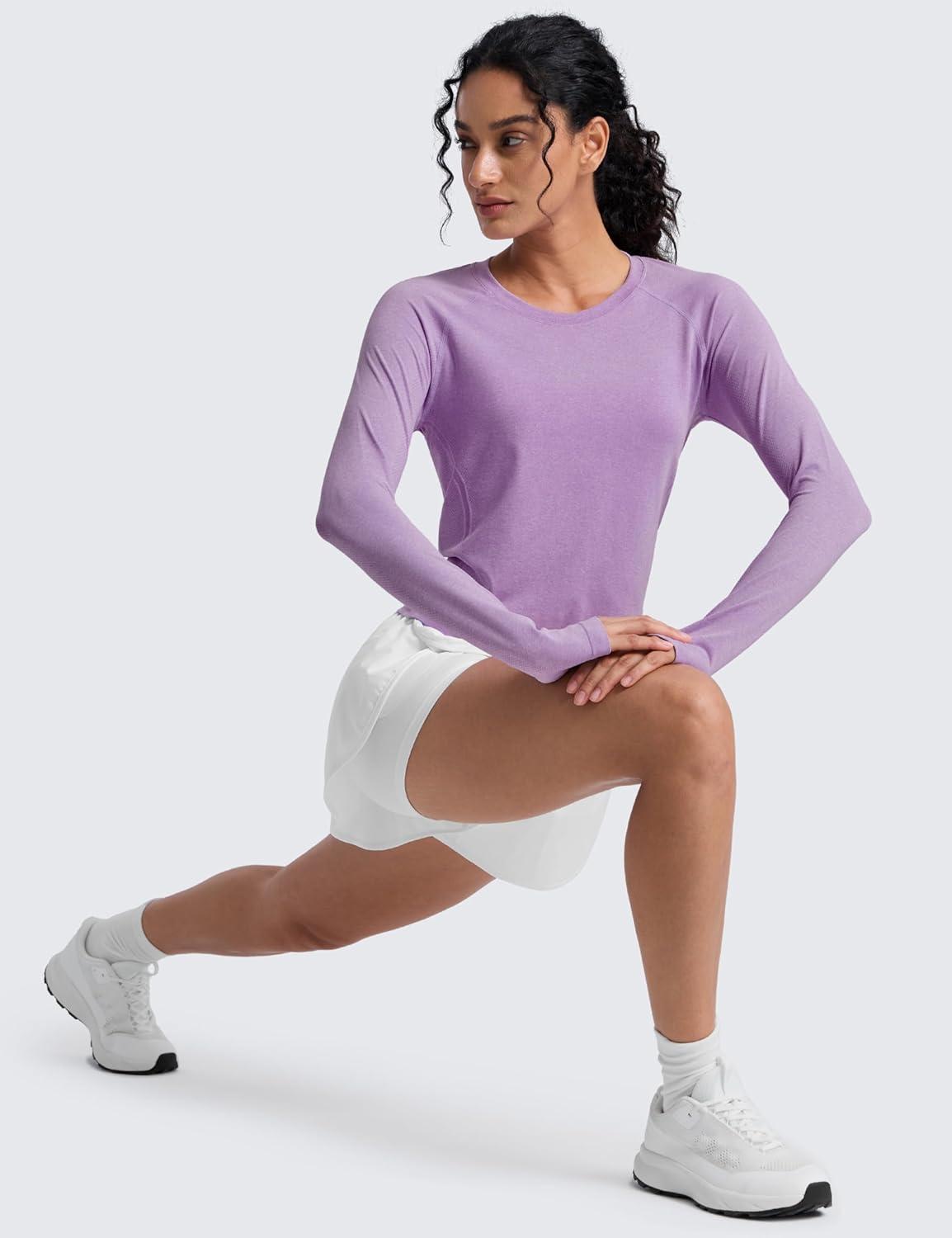imageCRZ YOGA Seamless Long Sleeve Shirts for Women Waist Workout Athletic Running Gym Yoga Tops Crewneck Breathable Quick DryElfin Purple Heather