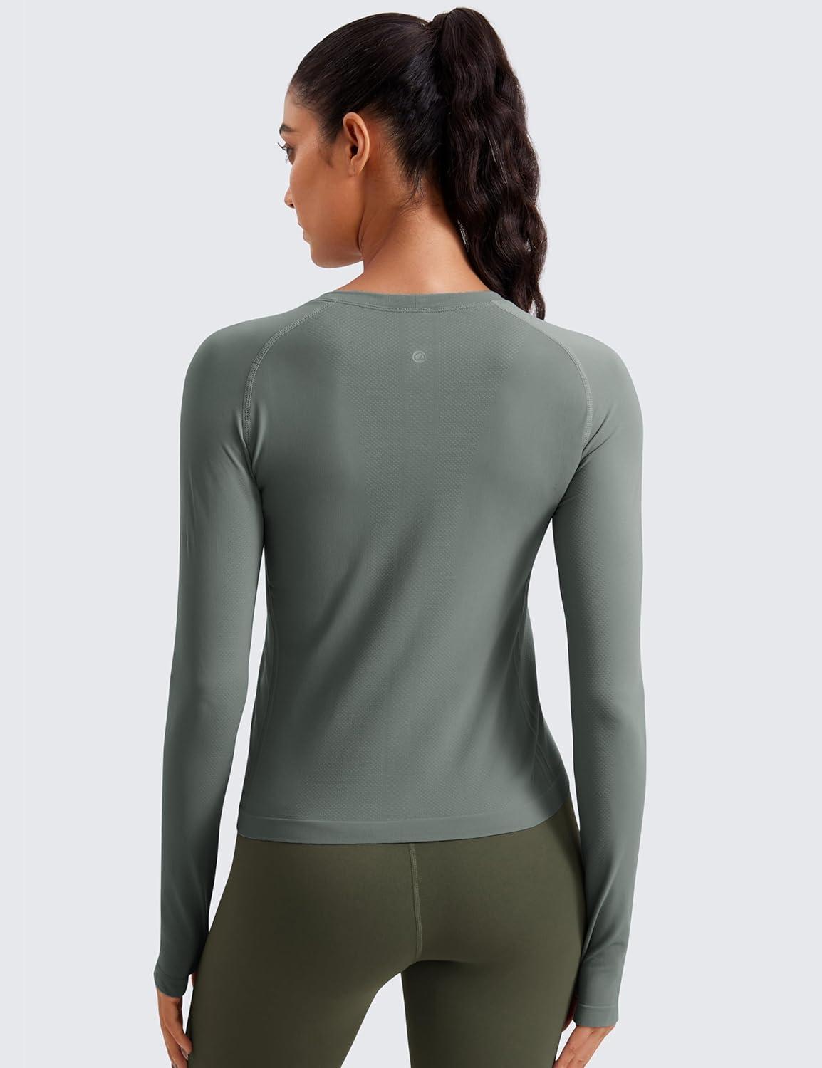 imageCRZ YOGA Seamless Long Sleeve Shirts for Women Waist Workout Athletic Running Gym Yoga Tops Crewneck Breathable Quick DryGrey Sage