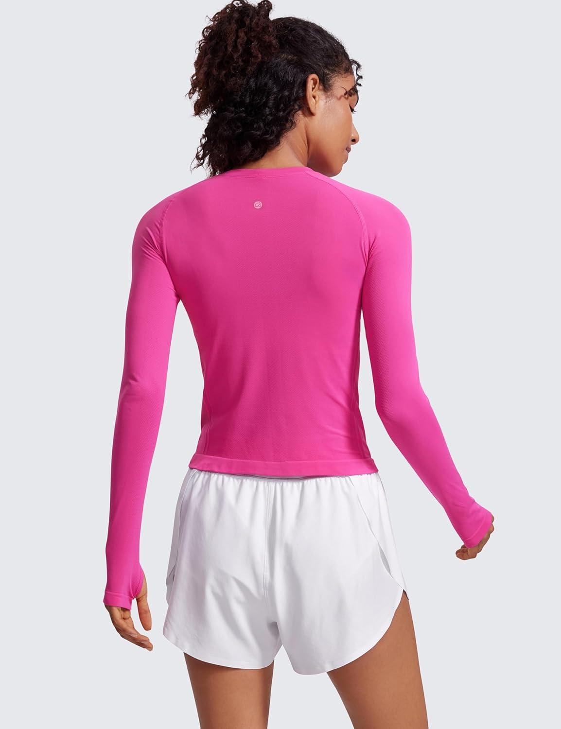 imageCRZ YOGA Seamless Long Sleeve Shirts for Women Waist Workout Athletic Running Gym Yoga Tops Crewneck Breathable Quick DryHibiscus Purple