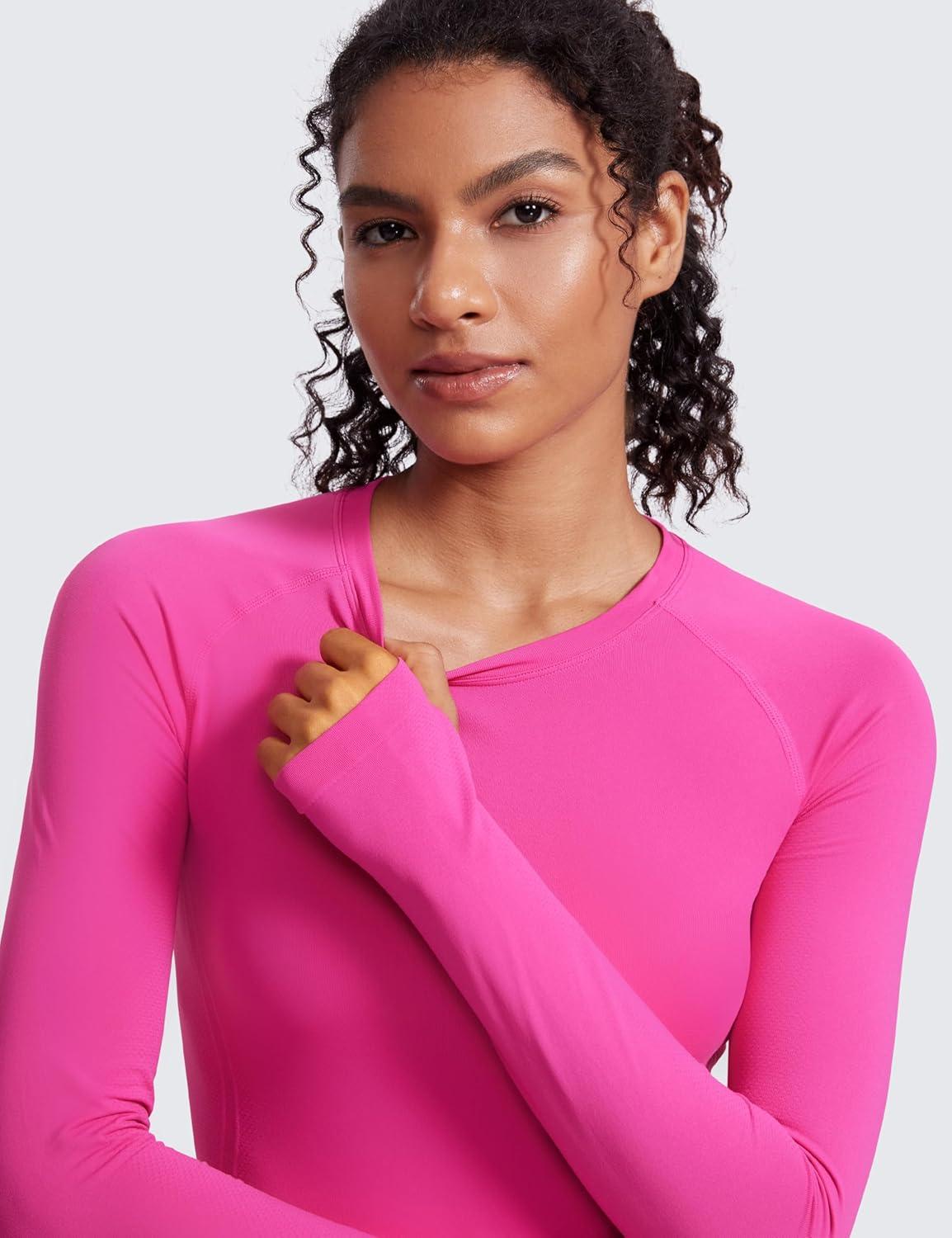 imageCRZ YOGA Seamless Long Sleeve Shirts for Women Waist Workout Athletic Running Gym Yoga Tops Crewneck Breathable Quick DryHibiscus Purple