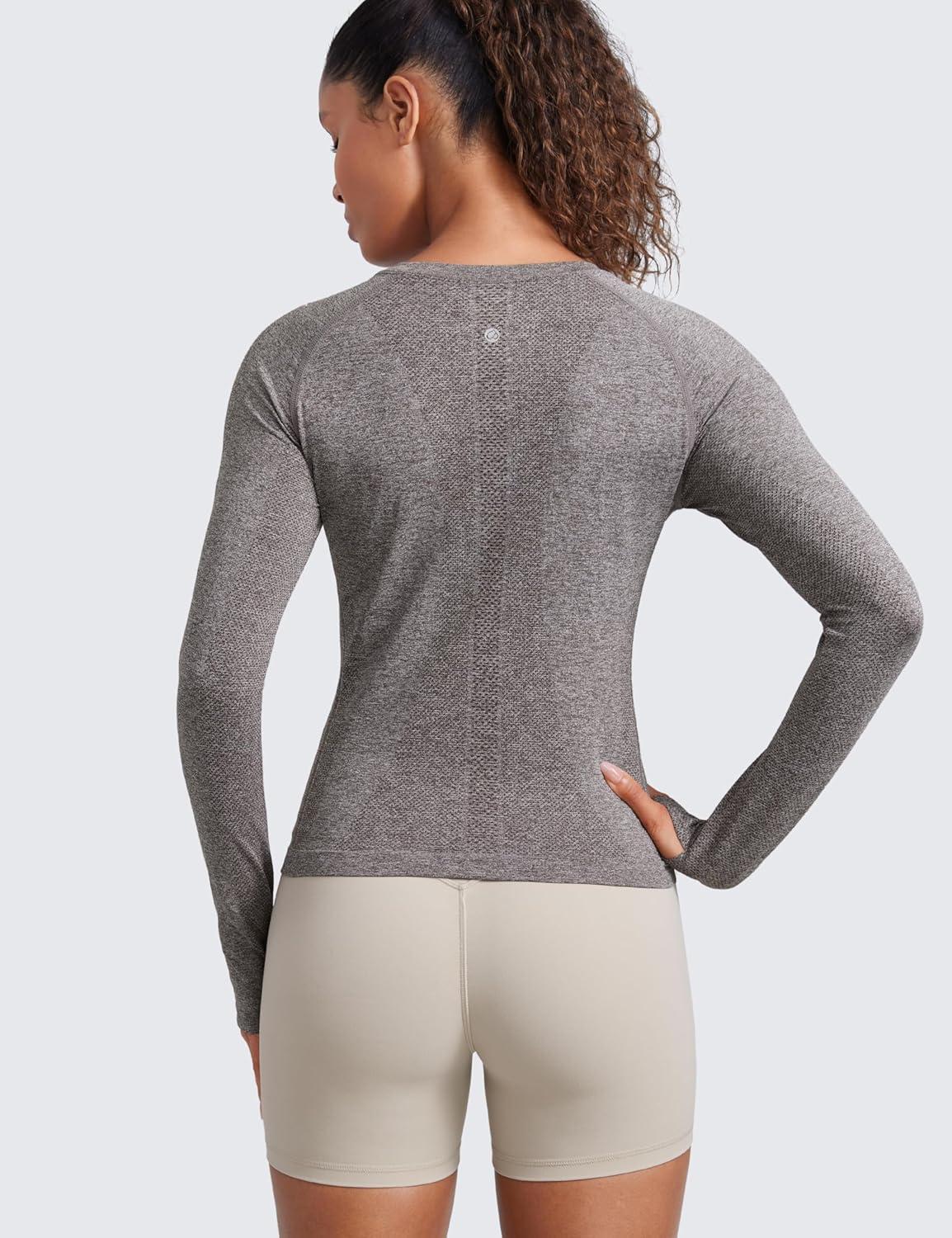 imageCRZ YOGA Seamless Long Sleeve Shirts for Women Waist Workout Athletic Running Gym Yoga Tops Crewneck Breathable Quick DryHot Fudge Brown Heather