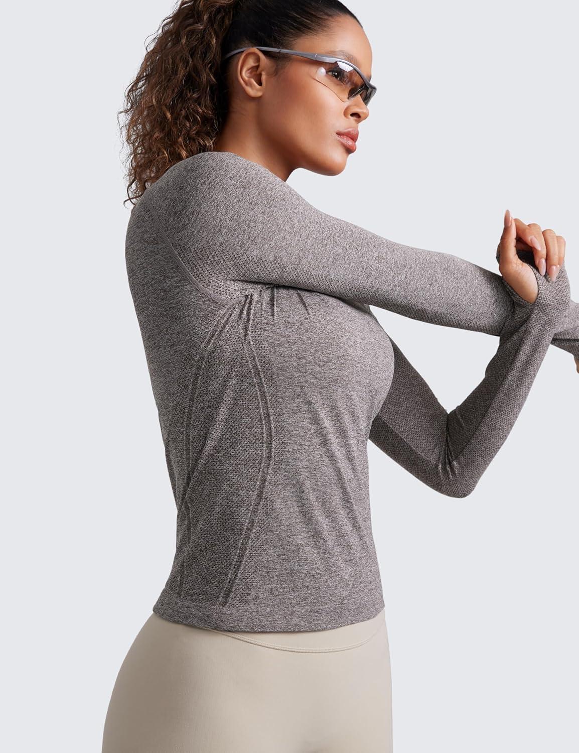 imageCRZ YOGA Seamless Long Sleeve Shirts for Women Waist Workout Athletic Running Gym Yoga Tops Crewneck Breathable Quick DryHot Fudge Brown Heather
