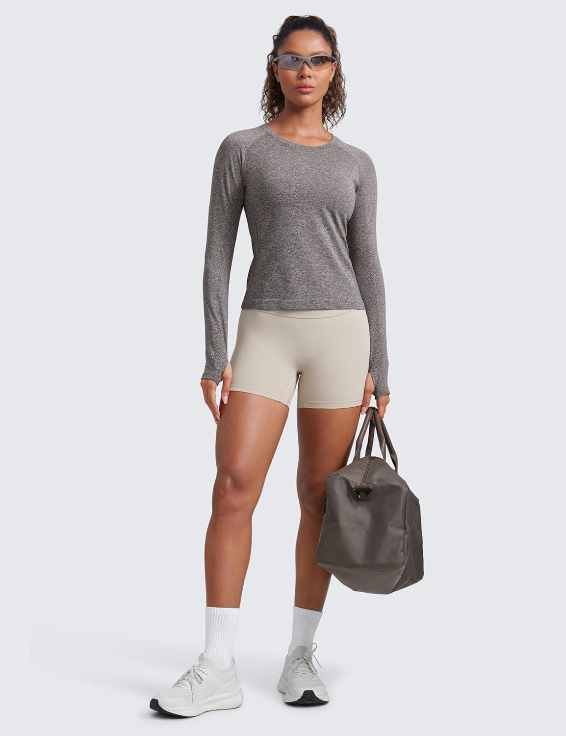 imageCRZ YOGA Seamless Long Sleeve Shirts for Women Waist Workout Athletic Running Gym Yoga Tops Crewneck Breathable Quick DryHot Fudge Brown Heather